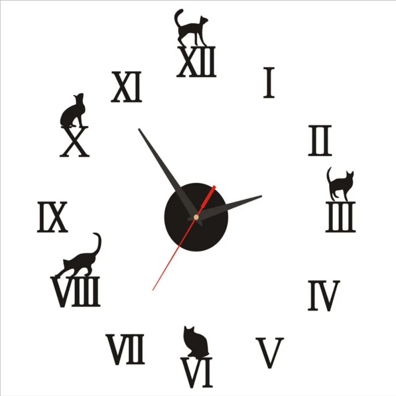DIY Wall Clock Modern Home Decor Large Cat Design Roman Number Mirror Modern Quartz Clocks Living Room Watch Clocks Stickers