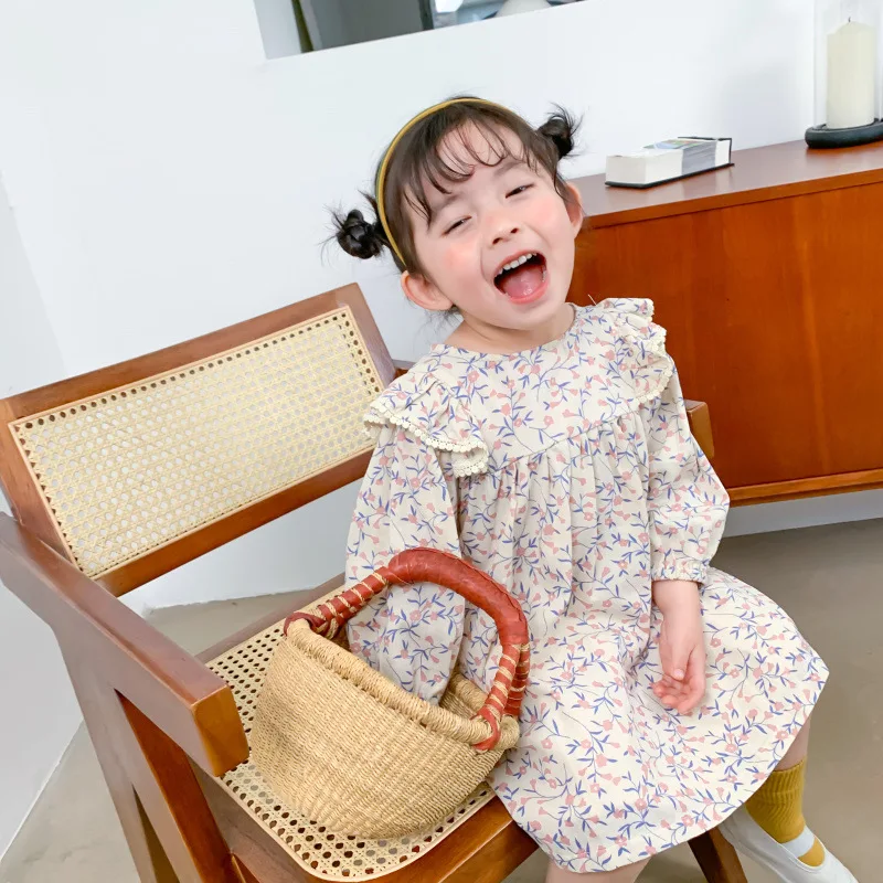

Children Dresses 2020 Spring New Girls Floral Long Sleeve Cotton Casual Princess Dress Toddler Kids Round Collar Lace Dress