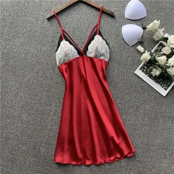 

BZEL Sexy Women's Nightgown V Neck Sling Lace Nightdress Sleepwear Lingerie Women Negligee Temptation Babydoll Satin Night Dress