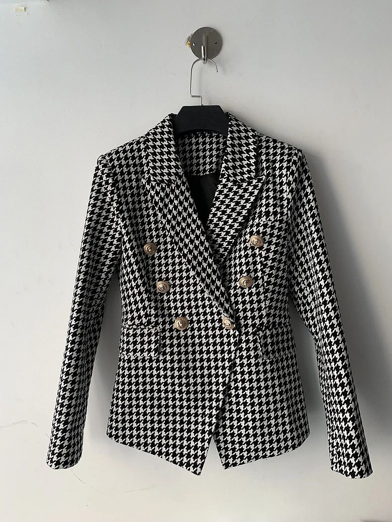 HIGH QUALITY Newest Runway Blazer Women's Long Sleeve Metal Lion Buttons Houndstooth Print Blazer Jacket Plaid Designer
