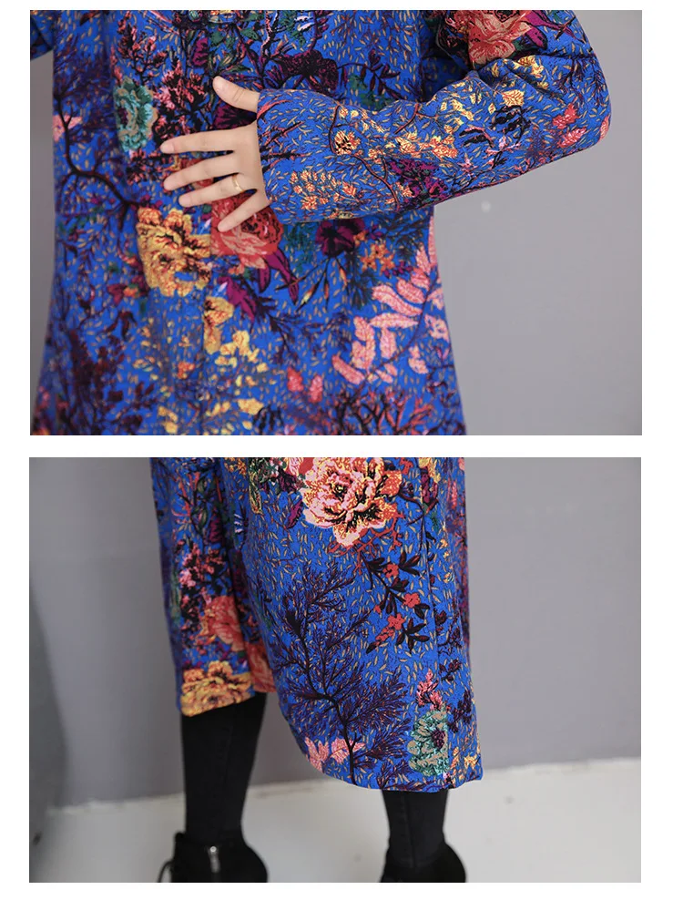 Photo Shoot Autumn And Winter New Style Large Size Retro Printed Cotton Linen Brushed And Thick Frog Overcoat Cotton Overcoat Ct