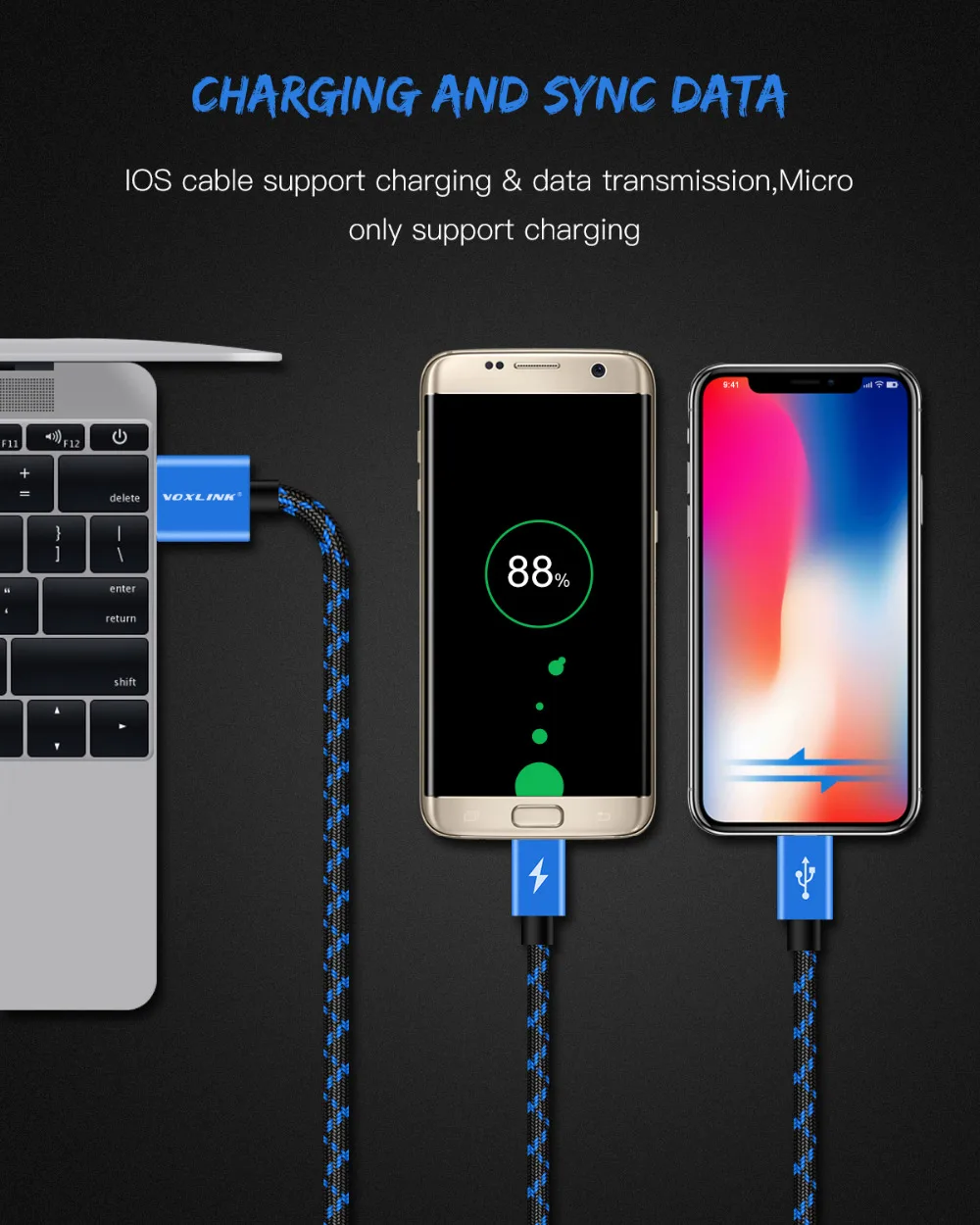 Кабель USB 2 в 1 VOXLINK 8 контактный кабель Micro для зарядки и передачи данных iPhone x 8plus 6 6s