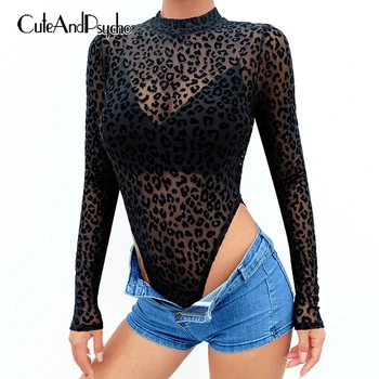 

Leopard Printed Mesh Bodycon Bodysuits Women See Through Transparent Jumpsuits Sexy Rompers Skinny Black Streetwear Cteandpsycho