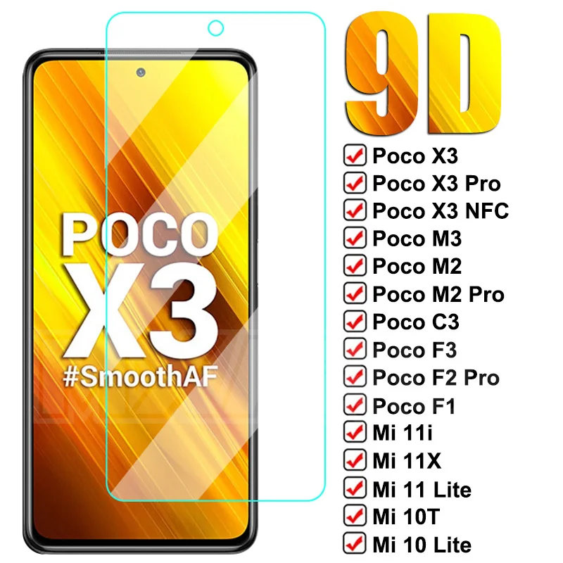 Закаленное стекло 9D для Xiaomi Poco X3 NFC X2 M3 M2 C3 F2 Pro F3 защитная пленка Mi 10 10T 11 Lite 11X 10i 11i Mix
