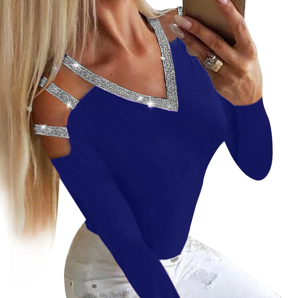 Royal Blue PYL вязаные женские футболки, Осень-зима, с длинным рукавом, с блестками, футболка, для девушек, обтягивающая футболка, для женщин, с вырезом, тонкие пуловеры, топы, D25 - Цвет: Royal Blue