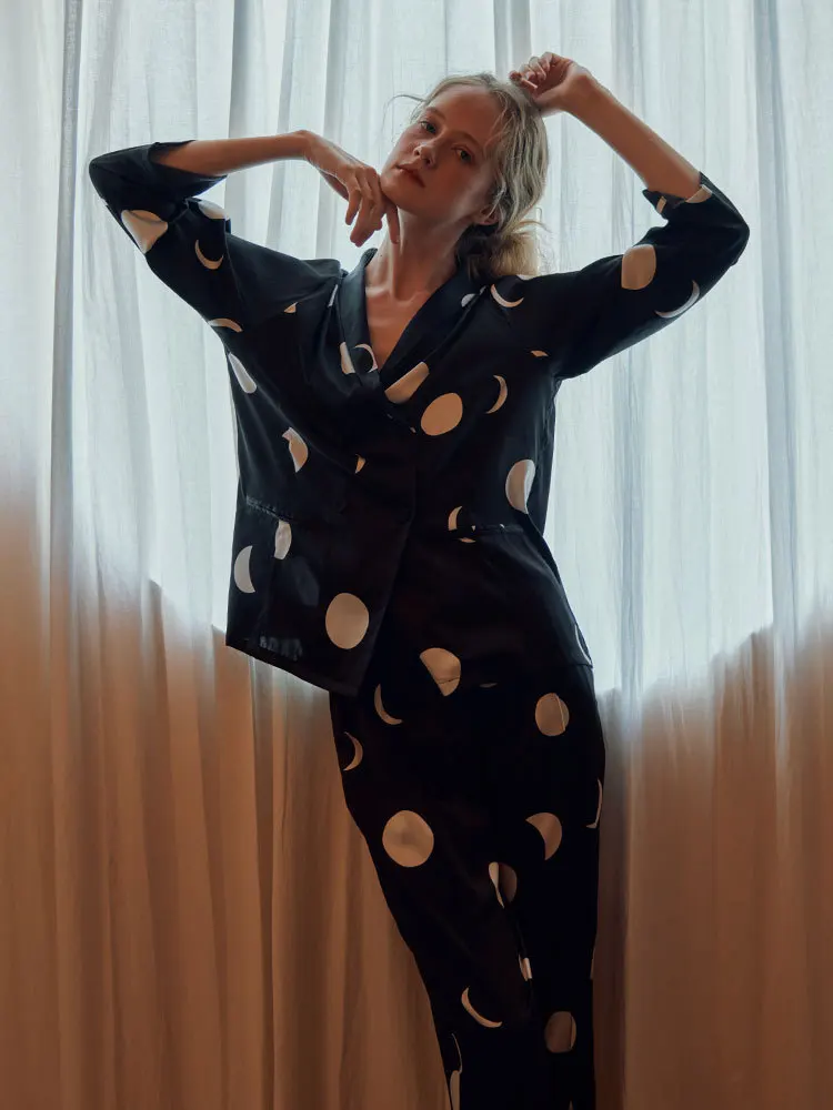 Autumn Women's Pajamas Set Pattern Sleepwear Simplicity Long-sleeved Ice Silk Nightie Luxury Home Clothes Nightwear Set