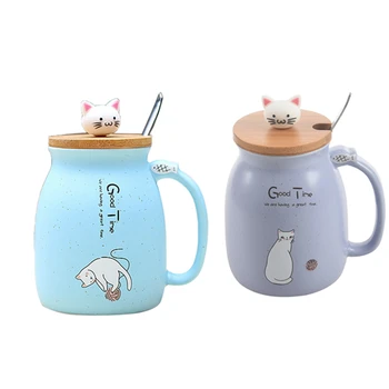 

2x Sesame Cat Heat-Resistant Cup Color Cartoon with Lid Cup Kitten Milk Coffee Ceramic Mug Children Cup(Blue&Skyblue)