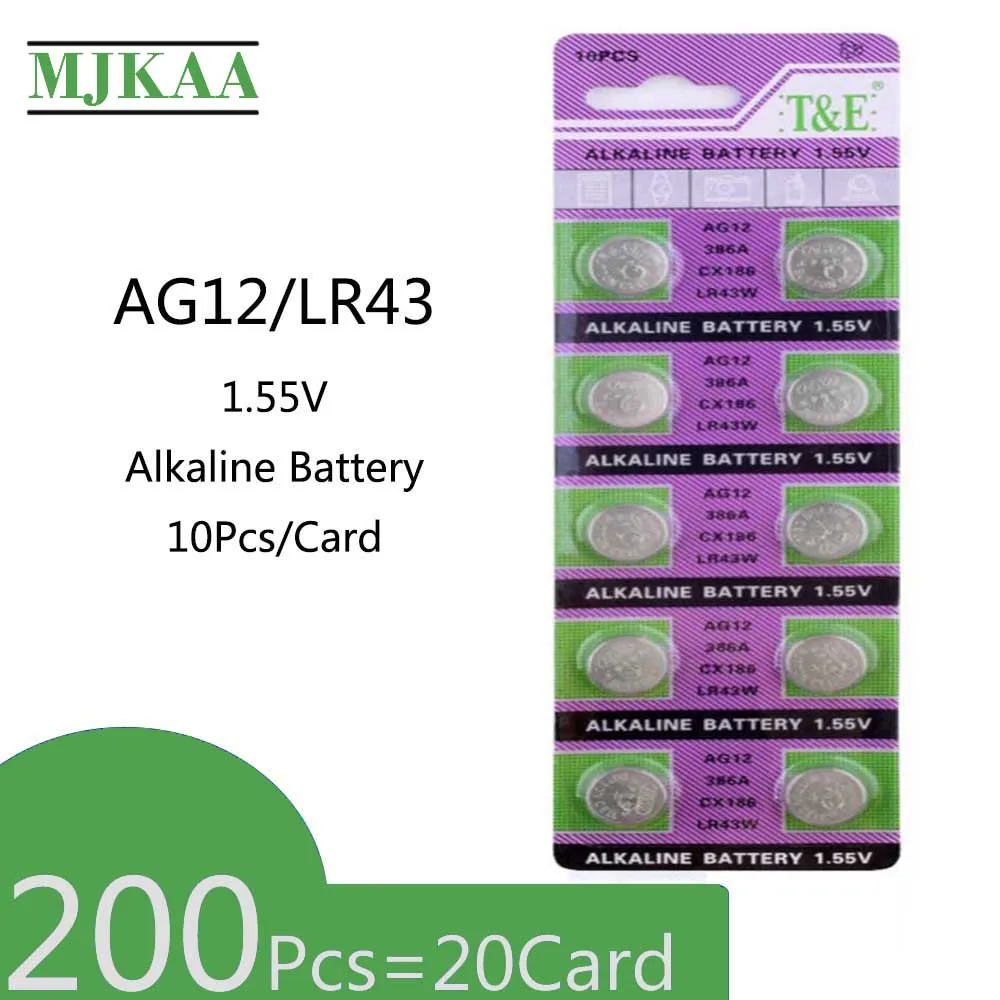 200Pcs=20Card AG12 1.55V Alkaline Battery LR43 SR43 260 386 For Watch