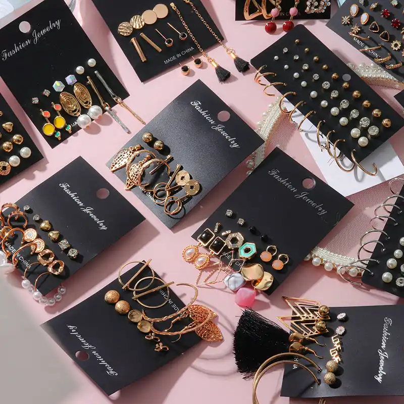 女性のイヤリングセット真珠のイヤリングボヘミアンファッションジュエリートレンド幾何学クリスタルハートスタッドピアス スタッド イヤリング Aliexpress