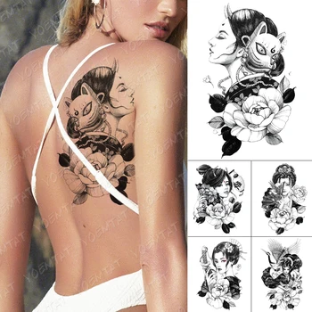 

Waterproof Temporary Tattoo Stickers Beauty Peony Flower Fox Mask Flash Tattoos Female Japanese Geisha Body Art Fake Tatoo Male