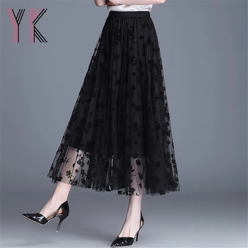 

Floral Mesh 2 Layer Stitching Pleated Midi Skirts Aesthetic Summer Korean Women Tutu Tulle Long Skirts A-Line Black Fairy Saia