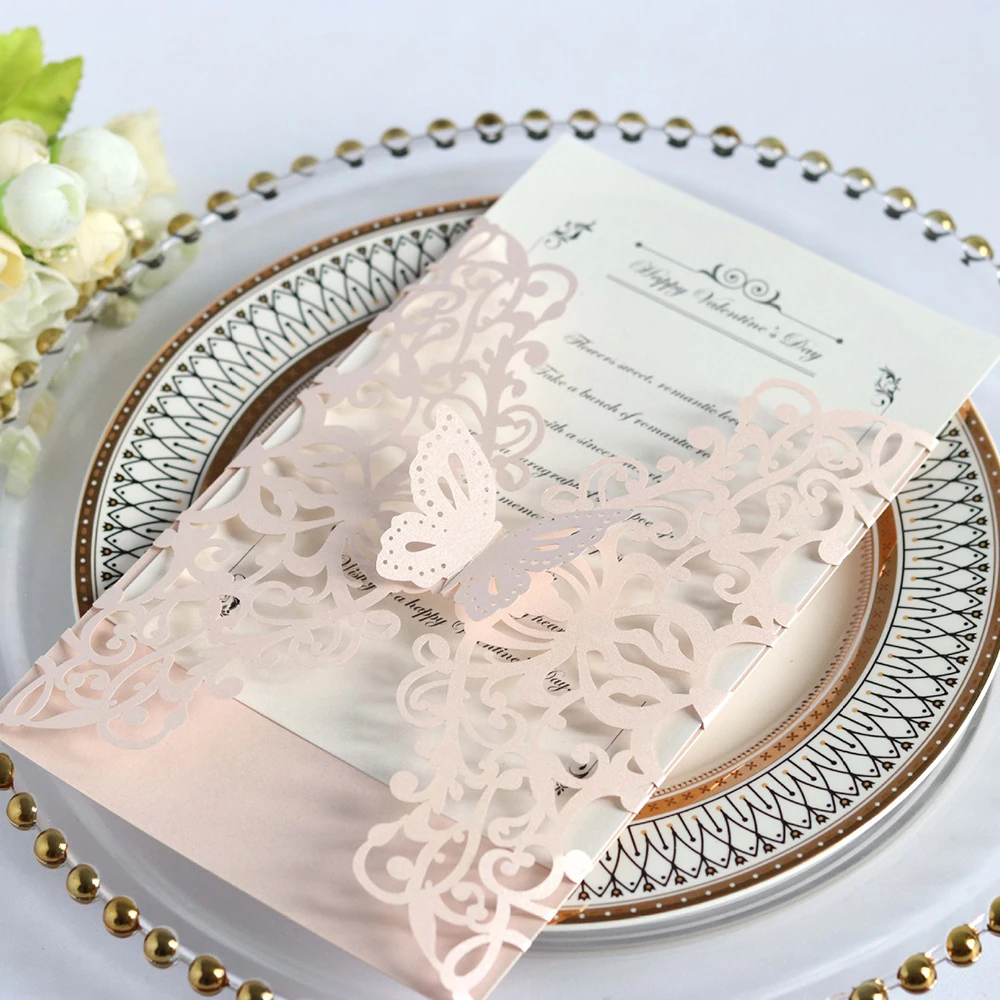  10pcs Cover + Inner Page + Envelope Paper Butterfly Cut Wedding Invitation Card With Ribbon Persona - 4000268571955
