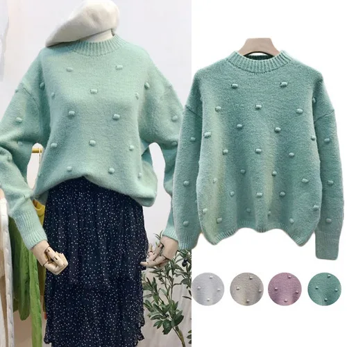 Корейский стиль, женский свитер в горошек, свободные пуловеры для женщин, круглый вырез, вязаный свитер, осень, женская одежда
