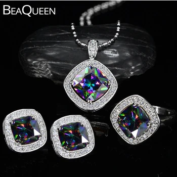 

BeaQueen Dazzling 3 PCS Big Square Cut CZ Zirconia Mystic Rainbow Crystal Ring Earrings Necklace 3pcs Women Jewelry Sets JS088