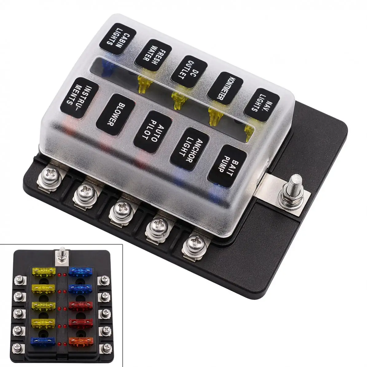 Max 32V Plastic Cover 10 Way Blade Fuse Box Holder M5 stud with LED Indicator for Car Boat Marine New