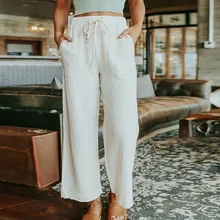 Women's White High Waist Drawstring Pants Solid Wide Leg Ankle-length Trousers Loose For Women Casual Thin Fasion Summer 2021