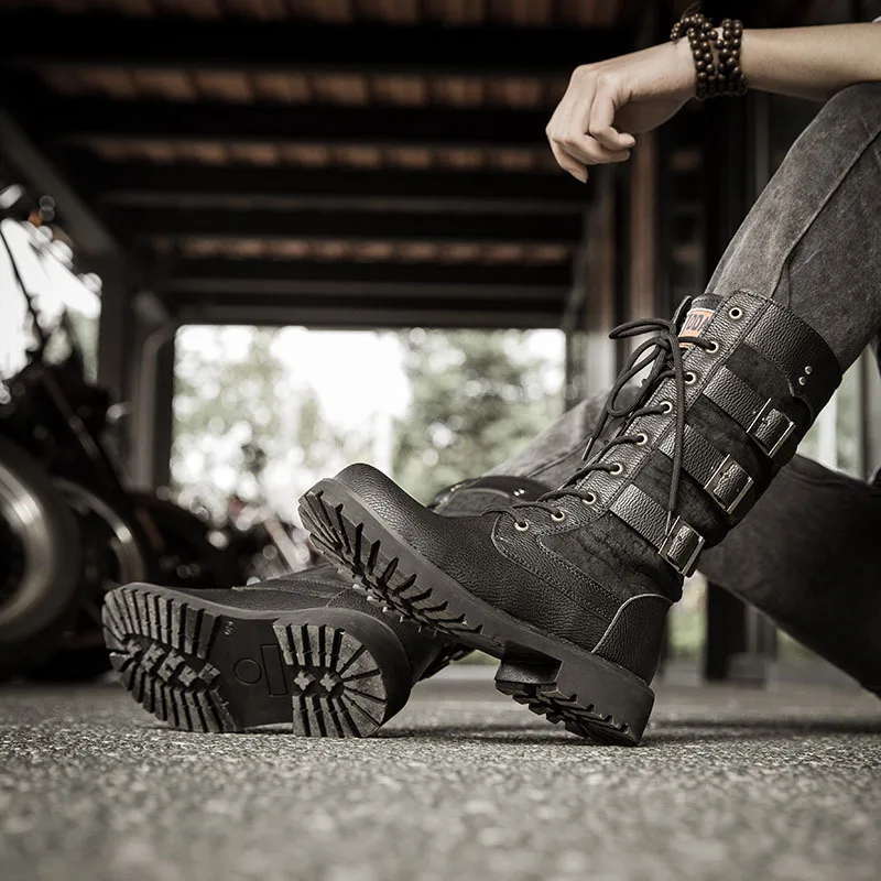 2021 Mens Military Boots PU Leather Mid Calf High Boots Men Motocycle