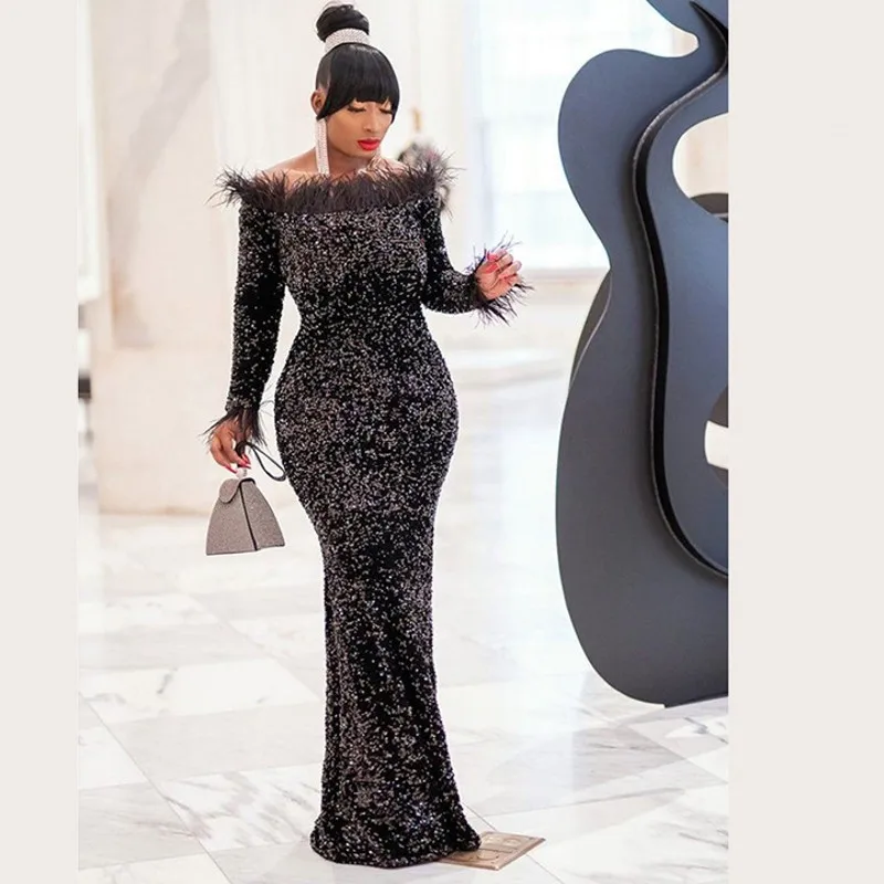 Black African Dresses for Women Sequined Africa Dress Clothes Fashion Long Maxi Evening Robe Africaine Femme 2019 | Тематическая