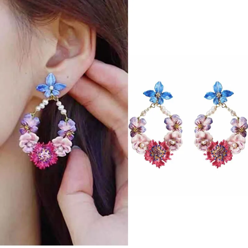 

2020 Amybaby Handmade Enamel Glaze Pansy Flower Womens Drop Earring Jewelry for Party