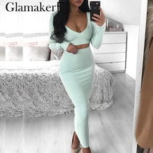 Glamaker вязаный костюм из двух частей белое платье Макси женское сексуальное облегающее платье с длинным рукавом и v-образным вырезом женское осенне-зимнее вечернее платье