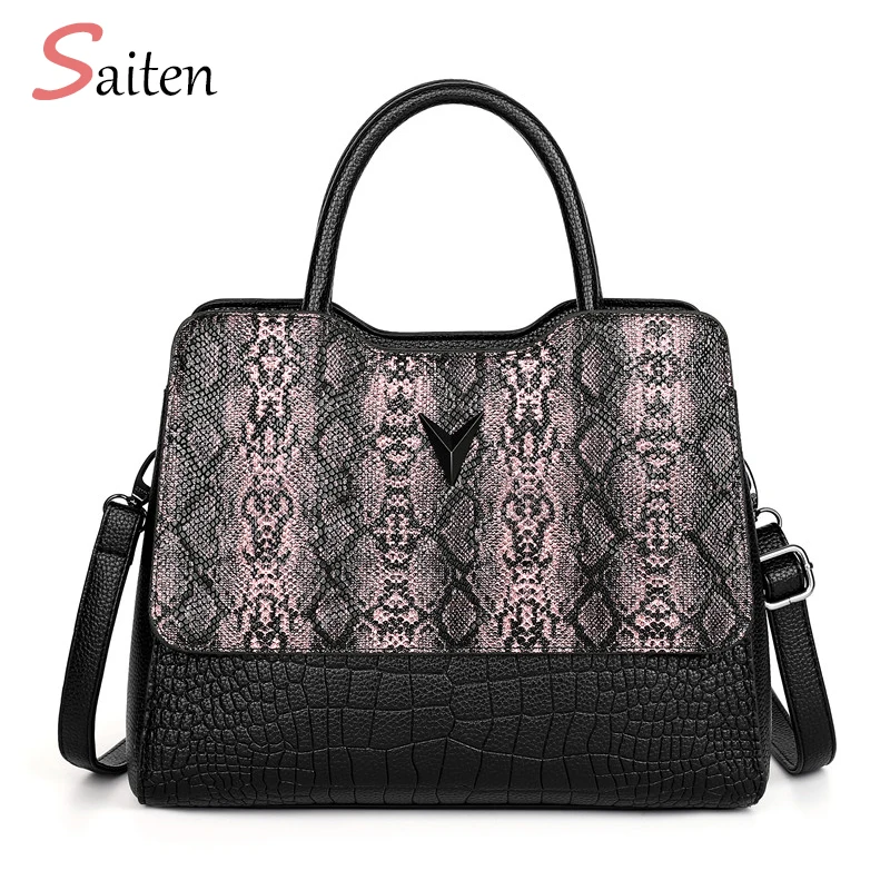 

Elegant Shoulder Bag Crocodile Print Women Designer Tote Luxury Snake Pattern Handbag Women Vintage Contrast Color Crossbody Bag