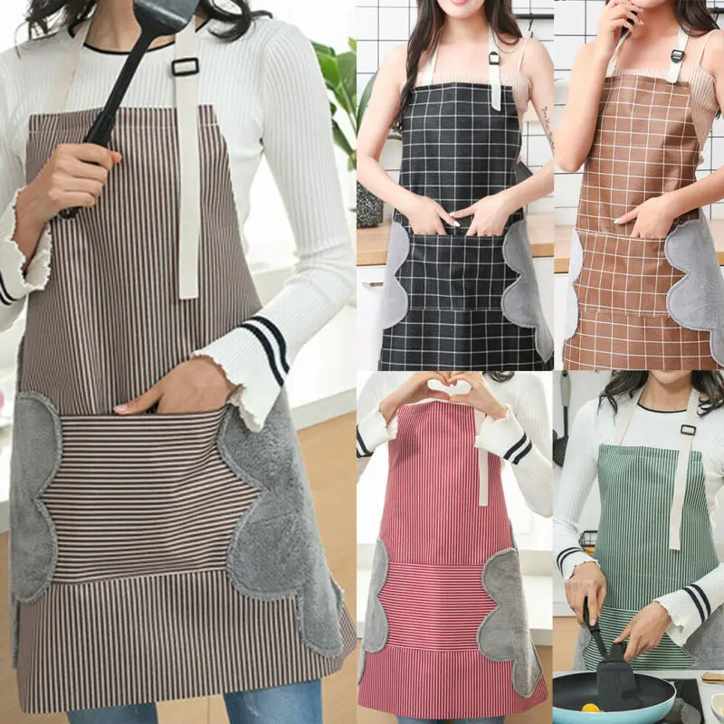 

AA Women Men Unisex Apron With Pocket Chef Kitchen Cooking Cotton Oil-Proof Waterproof Wipeable Plaid Stripes