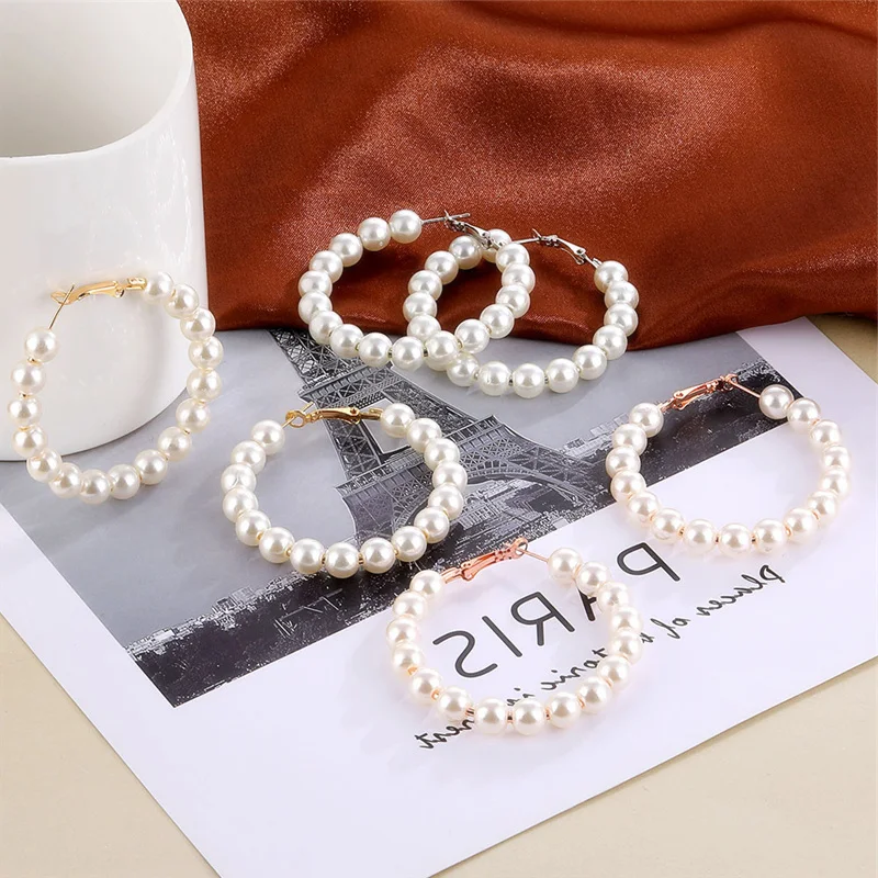 Elegant White Imitation Pearl Circle Hoop Earrings Women Fashion Big Round Korean Jewelry Brincos Statement | Украшения и