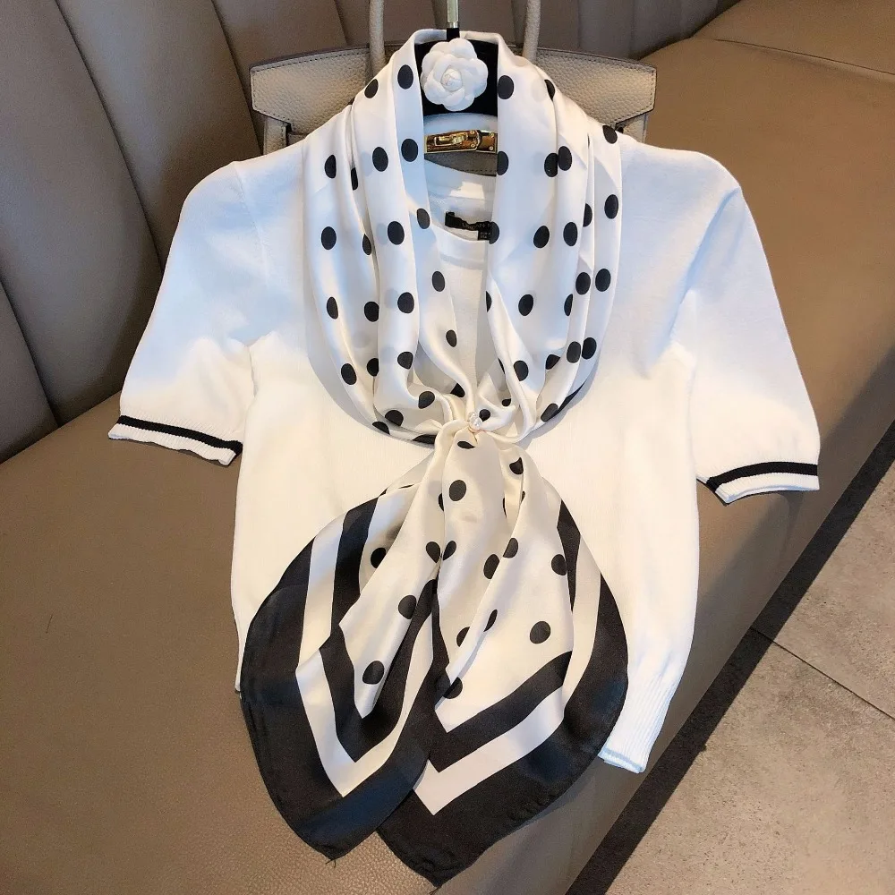 Luna& Dolphin женский шифоновый шелковый шарф 90x90 см шали в черный горошек большие квадратные обертки мягкая шифоновая шаль палантин бандана пляжное полотенце