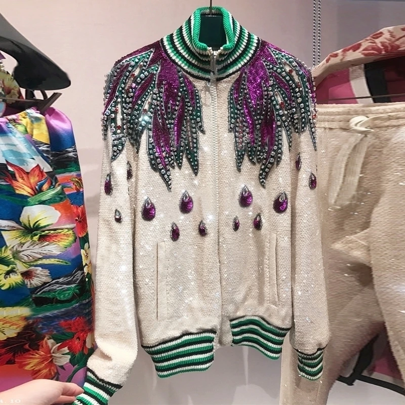 LANMREM, женский модный костюм с блестками, ручная вышивка бисером, полосатые топы с эластичной талией, штаны с высокой горловиной, Женский комплект TB281