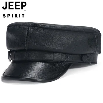 

JEEP SPIRIT Famous Brand Genuine Leather Hat Men Solid Color Real Cow Leather Caps Men Black Coffee Hat For Women&Men