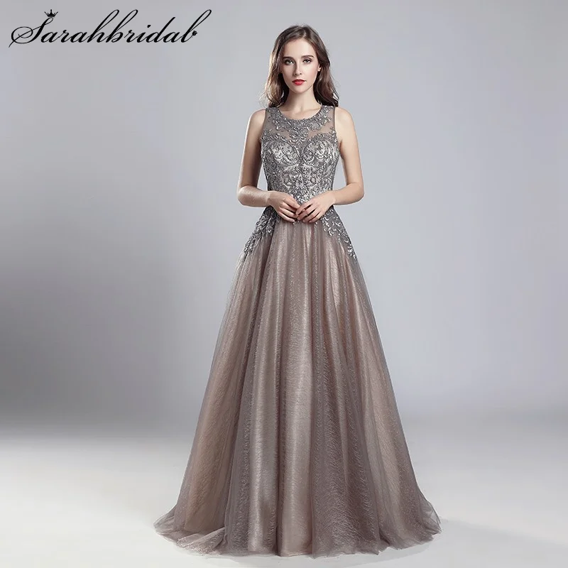 

Charming Prom Dresses Long Tulle Scoop Illusion Sleeveless Sexy Back Evening Gown Embroidery Empire A Line Robe De Soiree LX560