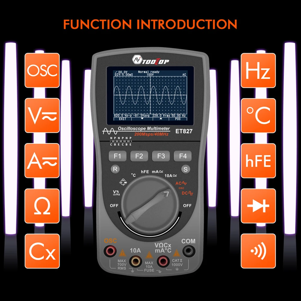 

ET827 Handheld Multimeter Durable Intelligent Portable 200Msps 2 In 1 Tools Digital Oscilloscope Overload Protection Measurement