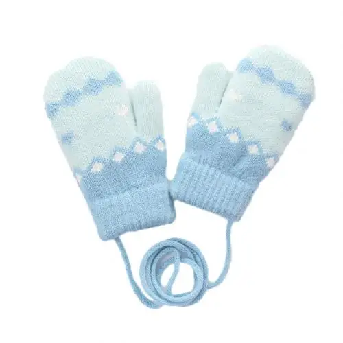 Light Blue Rhombus Новые детские зимние вязаные перчатки с длинными пальцами для девочек, толстые теплые рукавицы с завязками на шее, сумка для детского сада, варежки для детей возрастом от 2 до 4 лет - Цвет: Light Blue Rhombus