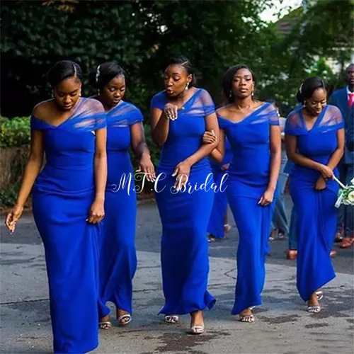 Королевское синее платье подружки невесты из Африканской ткани без бретелек длиной до пола эластичные атласные Прямые свадебные праздничные платья дешево - Цвет: Синий