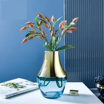 

Glass Vase Gold Inlay Decor Crystal Flower Vase With Grass Tabletop Planters Blue