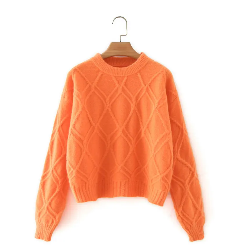 

Korean Style Women Cozy Orange Sweater Pullover Winter Autumn Sculptured Knitwear Textured Knit Jumper Female O-Neck Jersey Pull