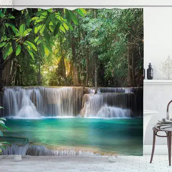 

Waterfall Decor Shower Curtain by, Heaven Like Landscape of a Waterfall from Thailand with Exotic Trees, Fabric Bathroom Decor