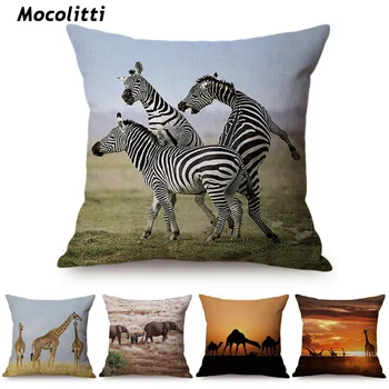 

African Wild Grassland Animals Throw Pillows Cover Zebra Giraffe Lion Cushion Covers For Home Chair Sofa Decorations Pillowcases