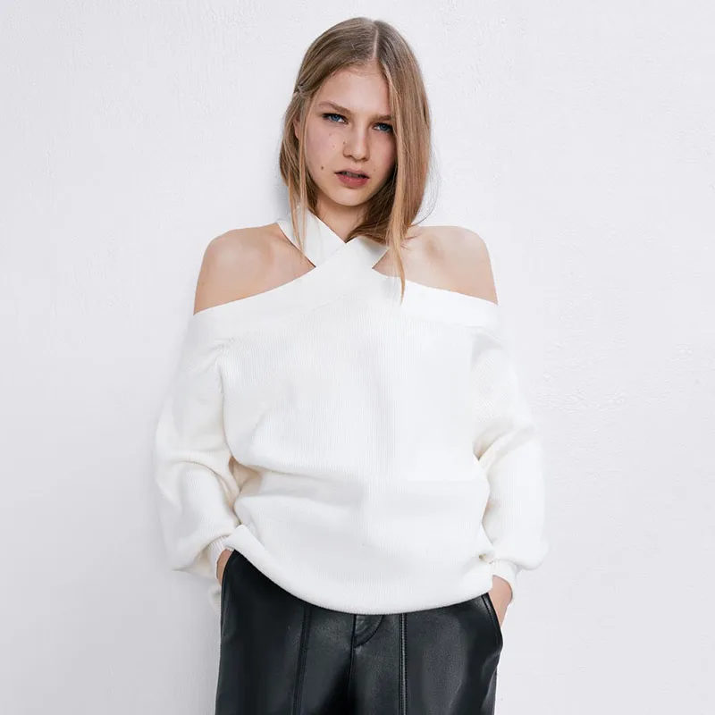 2019 Za Women Knit Sweater Strapless Hanging Neck Sexy Soft Autumn Winter Elegant Loose Statement Office Lady Newly Wholesale | Женская