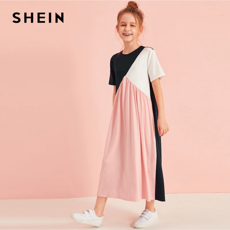 SHEIN/Детская Повседневная футболка разных цветов с вырезами и вышивкой; детская одежда; коллекция года; сезон осень; детские длинные платья с короткими рукавами и цветными блоками