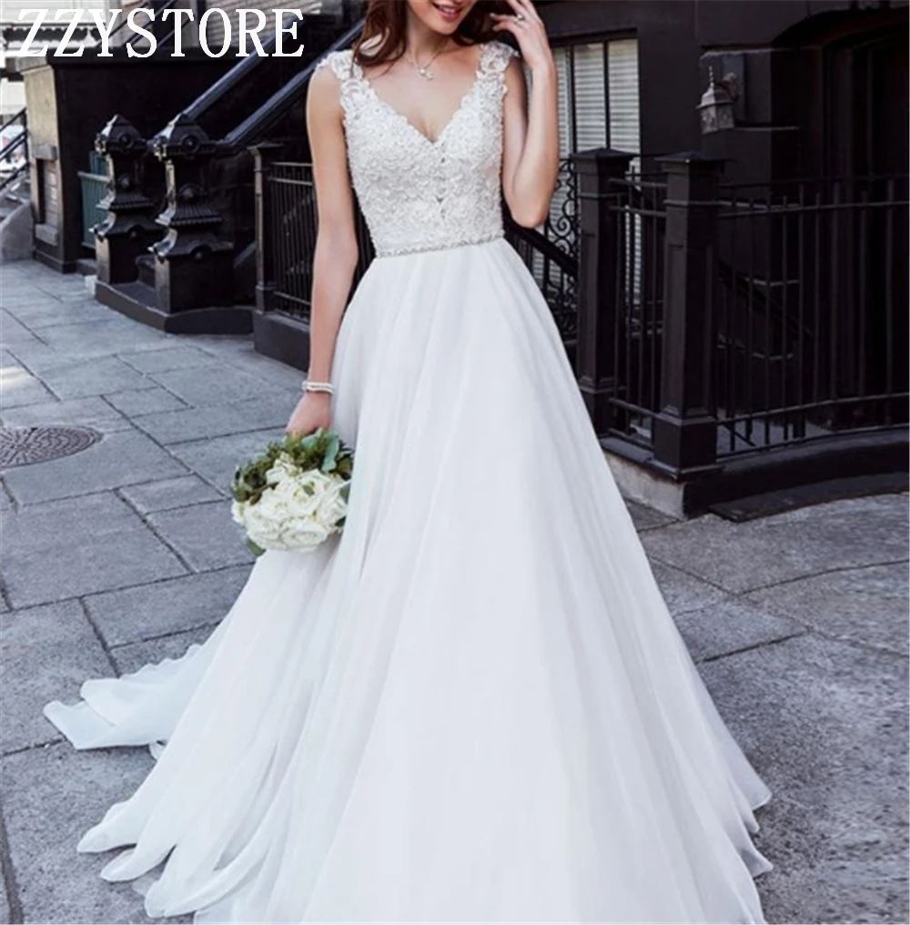 

Illusion Deep V-Neck Chiffon Appliques White Wedding Dresses Appliques Beading Zipper Up With Buttons Vestido De Novia Corto