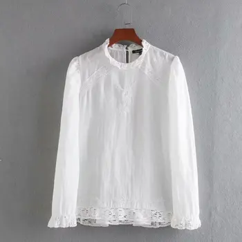

new women lace stitching embroidery casual white blouses shirts women office puff sleeve business pullover blusas tops LS6394