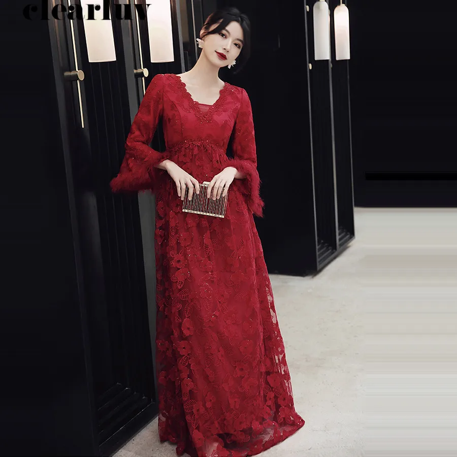 

Evening Dresses Plus Size Long Sleeves Prom Dress Robe De Soiree Y053 2019 New V-Neck Elegant Lace Pregnant Women Party Dresses