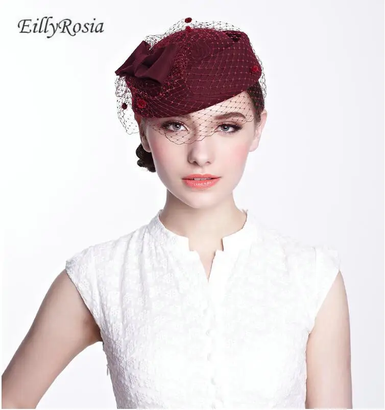 Лицевая вуаль шляпы для женщин Свадебные бордовые Свадебные шапки и вуалетки льняная шерсть женские вечерние аксессуары для волос шапки европейские