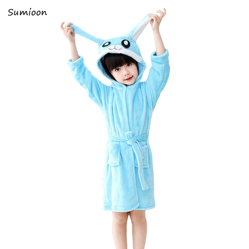 Детский флисовый банный халат с капюшоном в виде единорога, детский халат, банный халат, кигуруми, пижама с животными для девочек и мальчиков - Цвет: Blue rabbit