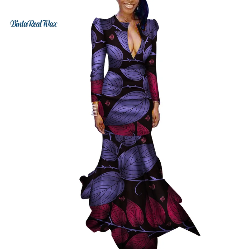 Новое Осеннее женское длинное платье Bazin Riche, хлопок, африканская восковая печать, платье в пол, традиционная африканская одежда WY2751