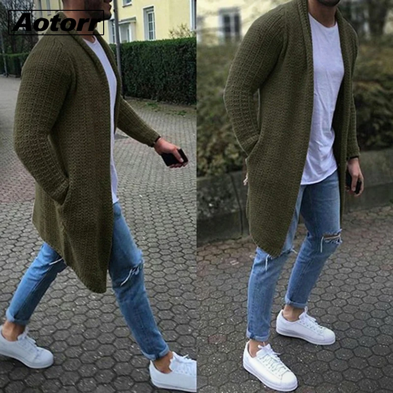 Cárdigan de punto de algodón para hombre, jerséis largos a la moda, prendas de vestir ajustadas de manga larga, informales, chaqueta cálida para otoño e invierno, novedad