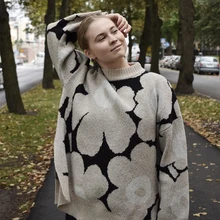 Женское модное, с винтажным принтом, с разрезом подола, осень и зима, свободный шерстяной свитер