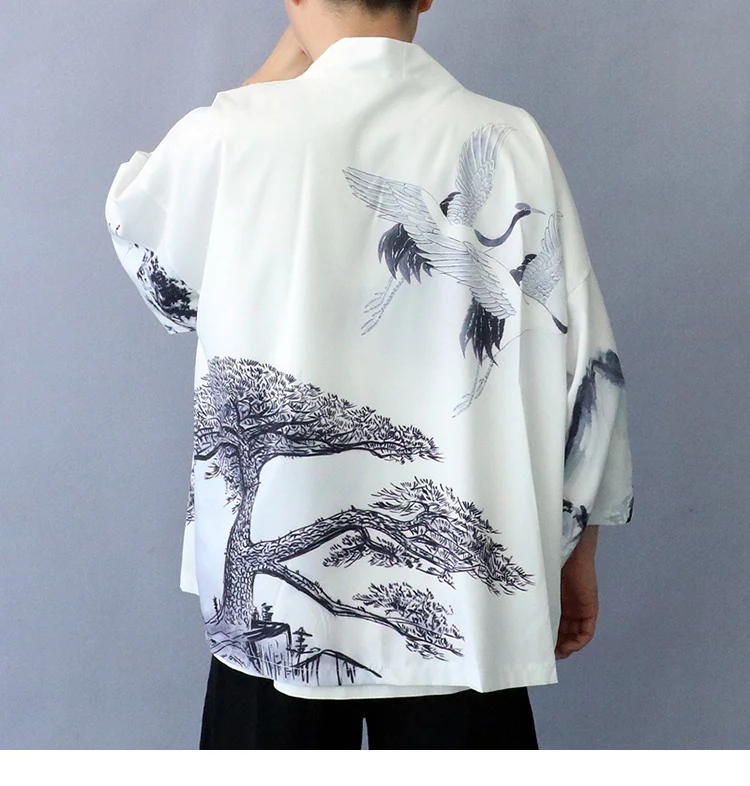 Hip Hop Men Streetwear Jacket Pine Tree Crane Print Harajuku Kimono Jacket Japanese Summer Autumn Thin Gown Japan Style