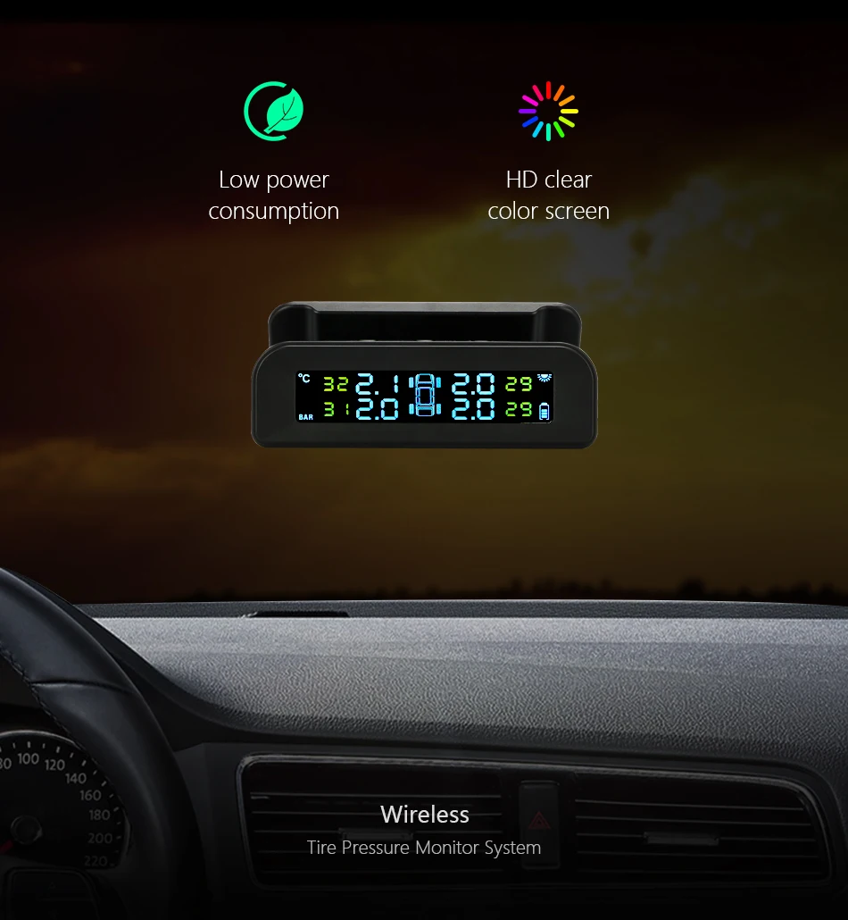 Develuck TPMS Car Tire Pressure Monitor System  Automatic Brightness Control  Solar Power  Adjustable LCD screen Wireless 4 tire